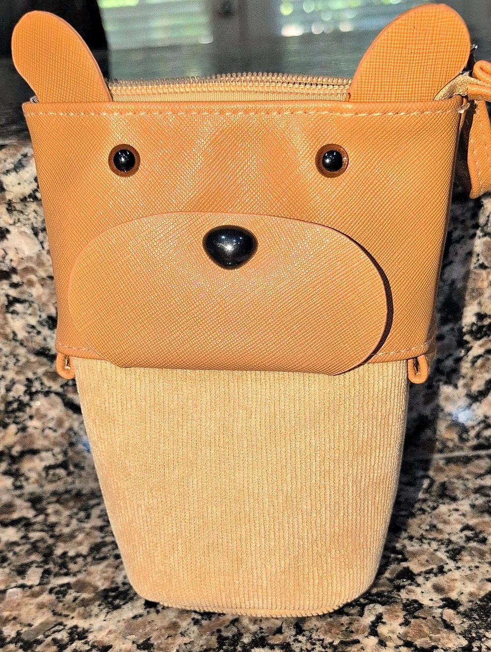 Dog Face Pouch in Brown & Tan With Markers Inside
